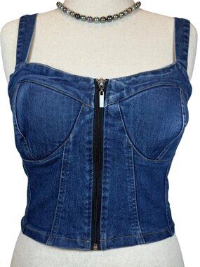 NEW XL Women's Jean Crop Top Cropped Zipper Corset Tank Sleeveless Denim Stretch